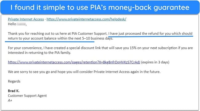 Screenshot of a Private Internet Access representative approving a refund using the money-back guarantee over email