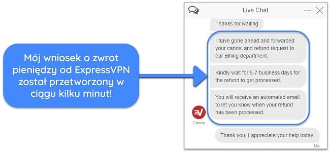 Zrzut ekranu przedstawiający użytkownika, który pomyślnie poprosił o zwrot pieniędzy od ExpressVPN za pośrednictwem czatu na żywo z 30-dniową gwarancją zwrotu pieniędzy