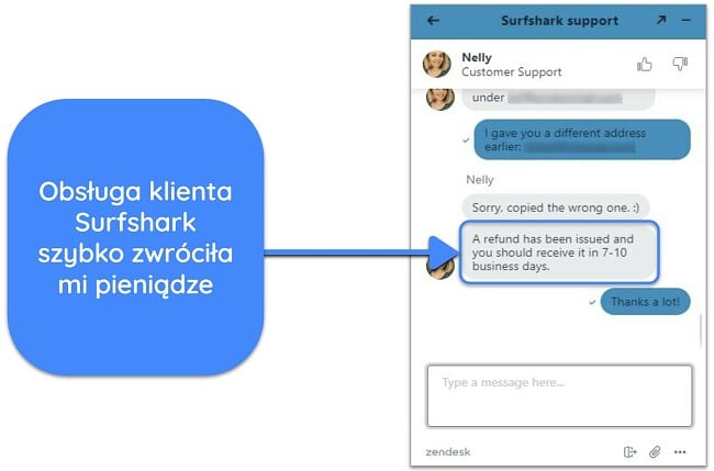 Zrzut ekranu przedstawiający użytkownika, który pomyślnie poprosił o zwrot pieniędzy od Surfshark za pośrednictwem czatu na żywo z 30-dniową gwarancją zwrotu pieniędzy