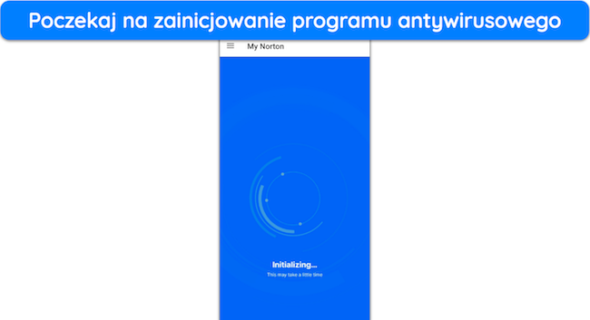 Zrzut ekranu przedstawiający inicjalizację programu Norton w systemie Android po pierwszym zalogowaniu