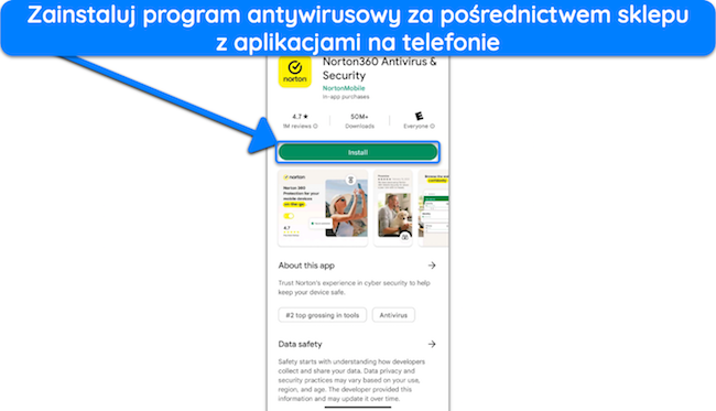 Zrzut ekranu pokazujący, jak zainstalować program Norton za pośrednictwem sklepu Google Play