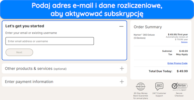 Zrzut ekranu pokazujący, jak subskrybować wybraną subskrypcję Norton