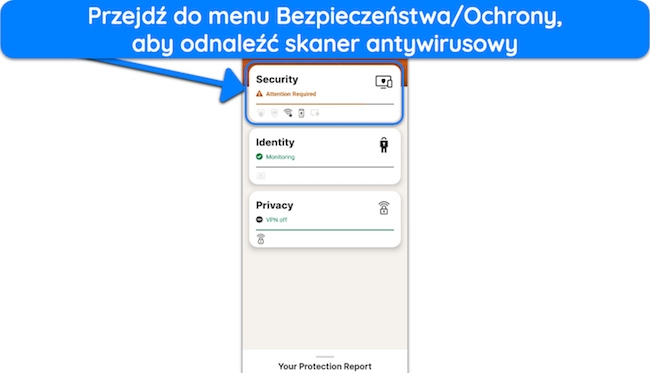 Zrzut ekranu pokazujący, jak uzyskać dostęp do menu Zabezpieczenia programu Norton