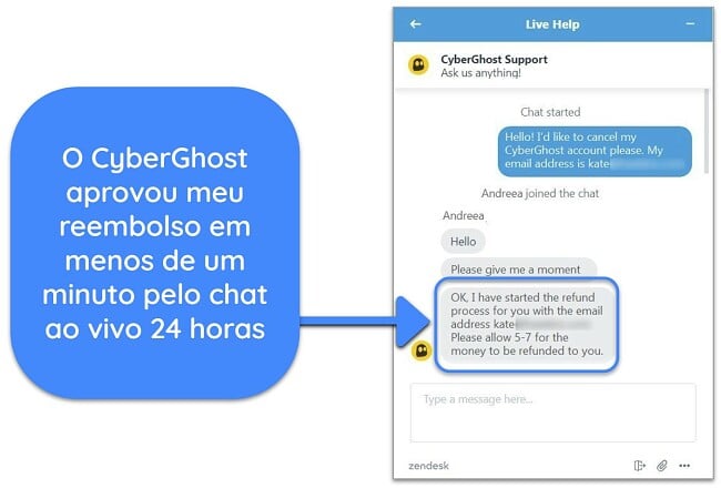 Captura de tela de um usuário solicitando com êxito um reembolso do CyberGhost por chat ao vivo com garantia de devolução do dinheiro em 45 dias