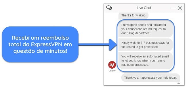 Captura de tela de um usuário solicitando com sucesso um reembolso da ExpressVPN por chat ao vivo com garantia de devolução do dinheiro em 30 dias