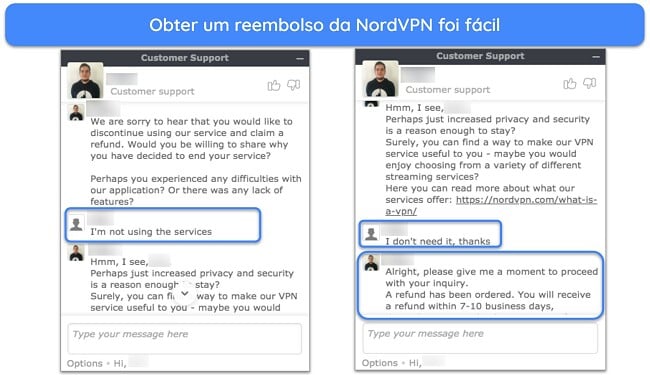 Captura de tela de um usuário solicitando com sucesso um reembolso da NordVPN por chat ao vivo com garantia de devolução do dinheiro em 30 dias