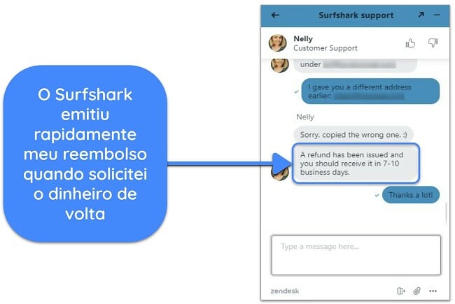 Captura de tela de um usuário solicitando com sucesso um reembolso do Surfshark por chat ao vivo com garantia de devolução do dinheiro em 30 dias