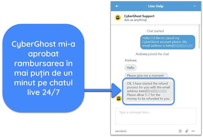 Captură de ecran a unui utilizator care solicită cu succes o rambursare de la CyberGhost prin chat live cu garanția de rambursare a banilor de 45 de zile