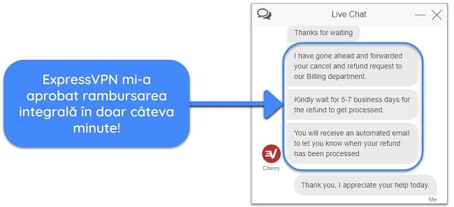 Captură de ecran a unui utilizator care solicită cu succes o rambursare de la ExpressVPN prin chat live cu garanția de rambursare a banilor de 30 de zile