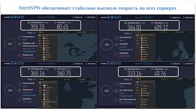 Скриншот результатов теста скорости NordVPN в Великобритании, Франции, Новой Зеландии и США