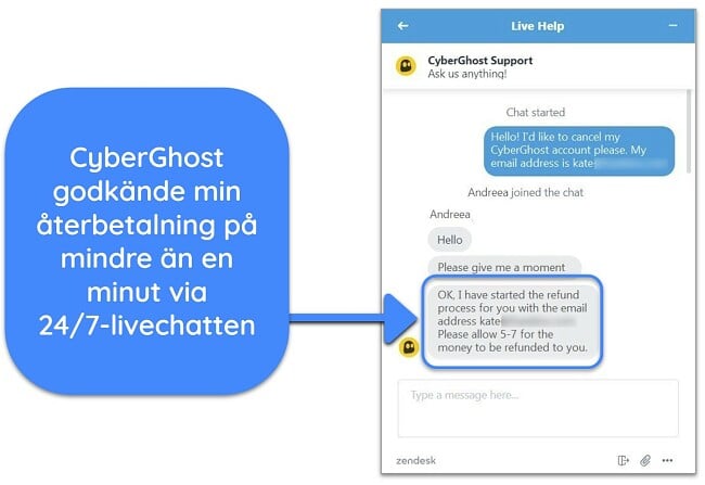 Skärmdump av en användare som framgångsrikt begärt en återbetalning från CyberGhost över livechatt med 45-dagars pengarna-tillbaka-garantin