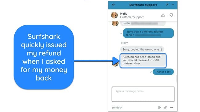 Surfshark’s live chat support quickly issues refunds