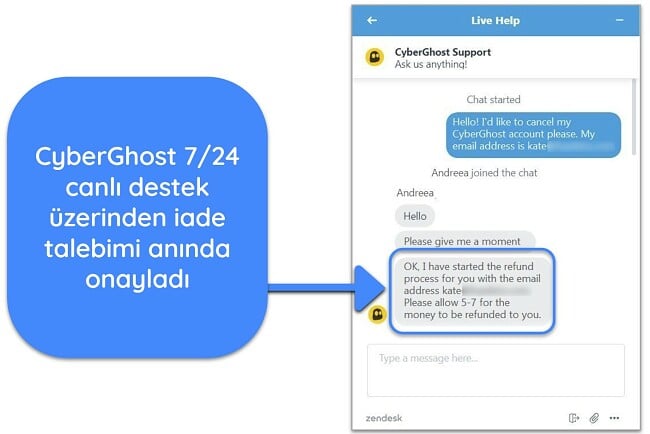 45 günlük para iade garantisiyle canlı sohbet üzerinden CyberGhost\\\'tan başarıyla geri ödeme talebinde bulunan bir kullanıcının ekran görüntüsü