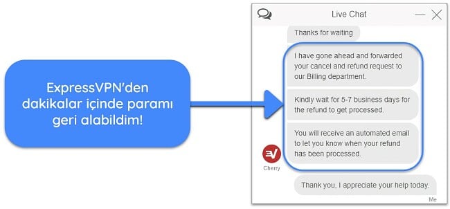 30 günlük para iade garantisiyle canlı sohbet üzerinden ExpressVPN\\\'den başarıyla geri ödeme talep eden bir kullanıcının ekran görüntüsü