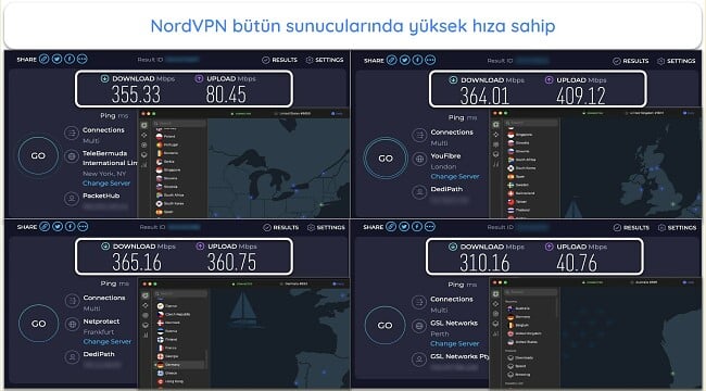 Birleşik Krallık, Fransa, Yeni Zelanda ve ABD\\\'deki NordVPN hız testi sonuçlarının ekran görüntüsü