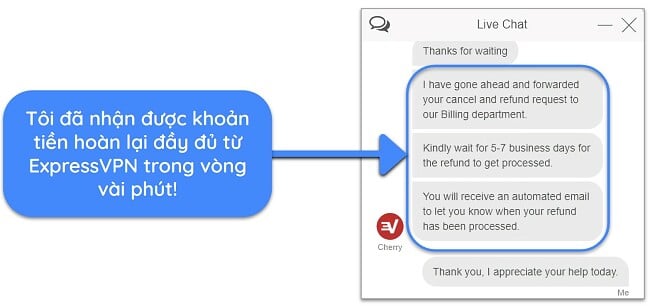 Ảnh chụp màn hình người dùng yêu cầu hoàn tiền thành công từ ExpressVPN qua trò chuyện trực tiếp với cam kết hoàn tiền trong 30 ngày