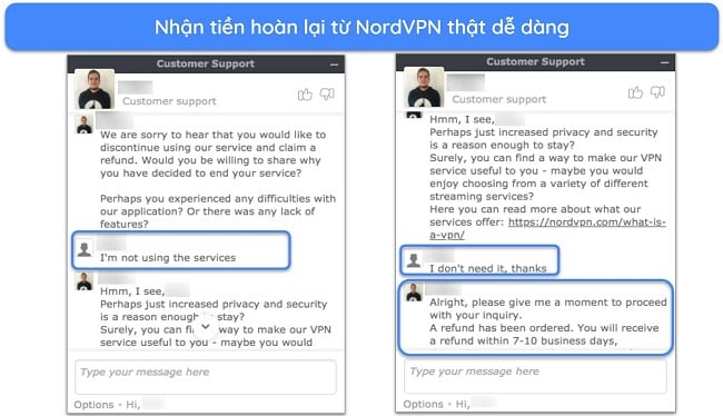 Ảnh chụp màn hình người dùng yêu cầu hoàn tiền thành công từ NordVPN qua trò chuyện trực tiếp với cam kết hoàn tiền trong 30 ngày