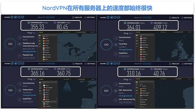 英国、法国、新西兰和美国 NordVPN 速度测试结果的屏幕截图