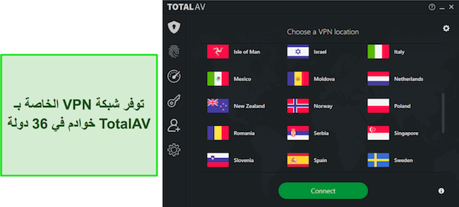 لقطة شاشة من مراجعة TotalAV تسلط الضوء على المواقع المتاحة لـ TotalAV VPN، وتوضح شبكة الخوادم العالمية الواسعة التي يمكن للمستخدمين الاختيار من بينها.