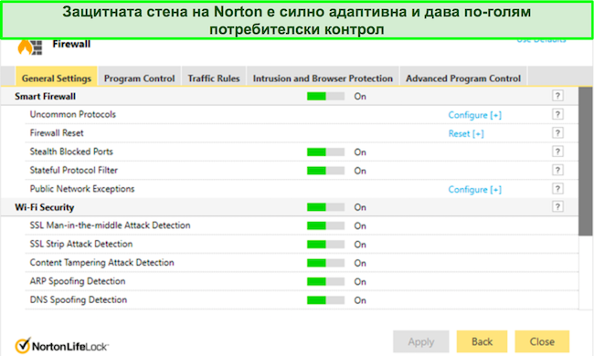 Екранна снимка на интерфейс на защитна стена за защита на Norton Review, показваща настройки с висока степен на конфигуриране и опции за разширено персонализиране на сигурността.