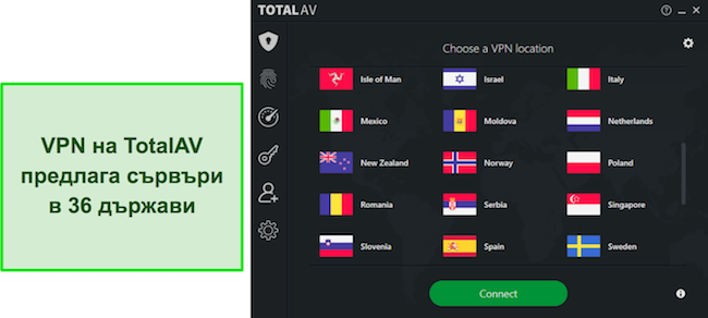 Екранна снимка от преглед на TotalAV, подчертаващ наличните местоположения на TotalAV VPN, демонстриращ обширната глобална сървърна мрежа, от която потребителите да избират.