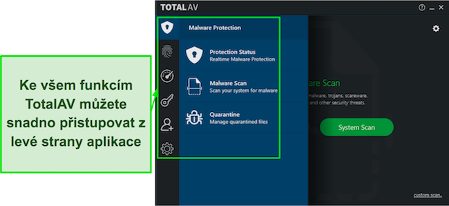 Snímek obrazovky TotalAV Review s intuitivním rozhraním desktopové aplikace, nabízející uživatelsky přívětivou navigaci a dostupné funkce.