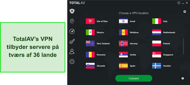 Skærmbillede fra en TotalAV-gennemgang, der fremhæver TotalAV VPN's tilgængelige placeringer, og demonstrerer det omfattende globale servernetværk, som brugerne kan vælge imellem.