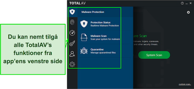 Skærmbillede af TotalAV Review med en intuitiv desktop app-grænseflade, der tilbyder brugervenlig navigation og tilgængelige funktioner.