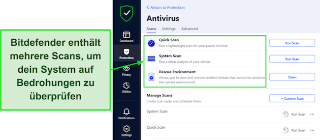 Screenshot einer Bitdefender-Rezension, die die verfügbaren Scan-Optionen zeigt und Benutzern eine umfassende Auswahl an Scan-Optionen bietet, um eine umfassende Systemsicherheit zu gewährleisten.
