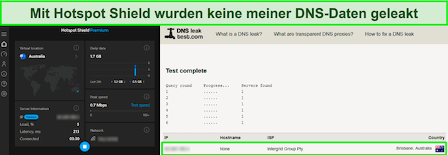 Screenshot des DNS-Lecktests von Hotspot Shield.