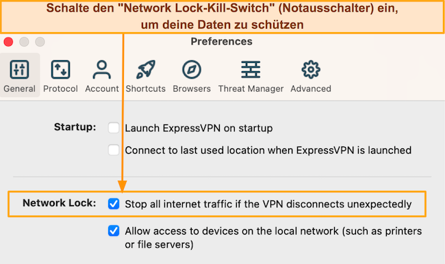 Screenshot der Einstellungen des Network Lock Kill-Schalters in der ExpressVPN-App
