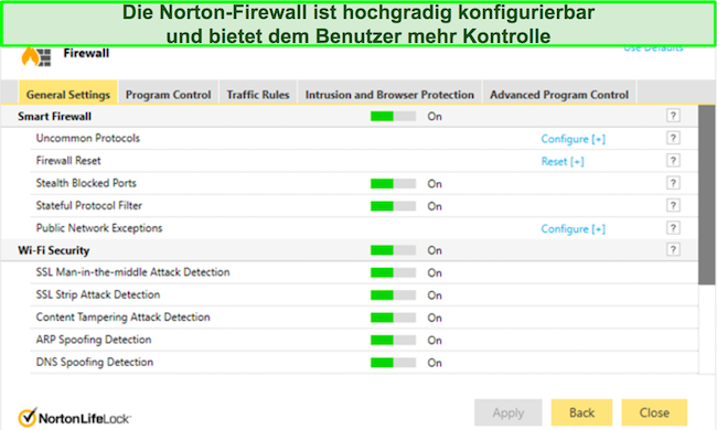 Screenshot einer Norton Review Security Firewall-Schnittstelle mit hochgradig konfigurierbaren Einstellungen und Optionen für erweiterte Sicherheitsanpassungen.