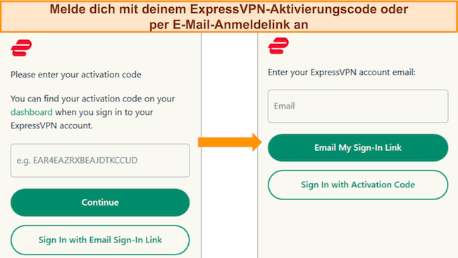 Bild zeigt die beiden Anmeldeoptionen von ExpressVPN – per Aktivierungscode oder E-Mail-Anmeldelink