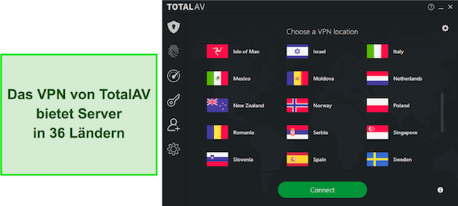 Screenshot aus einer TotalAV-Rezension, der die verfügbaren Standorte des TotalAV VPN hervorhebt und das umfangreiche globale Servernetzwerk demonstriert, aus dem Benutzer wählen können.