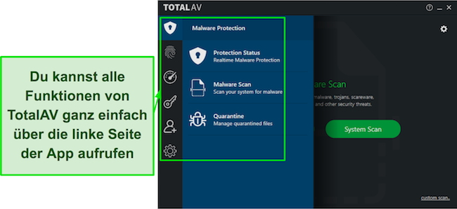 Screenshot der TotalAV-Rezension mit einer intuitiven Desktop-App-Oberfläche, die eine benutzerfreundliche Navigation und zugängliche Funktionen bietet.