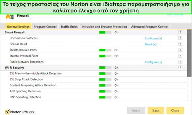 Στιγμιότυπο οθόνης μιας διεπαφής τείχους προστασίας ασφαλείας Norton Review που παρουσιάζει ρυθμίσεις και επιλογές υψηλής δυνατότητας διαμόρφωσης για προηγμένη προσαρμογή ασφαλείας.