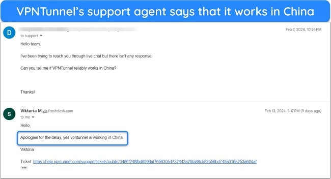 Screenshot of VPNTunnel email support response on my question whether it works in China or not