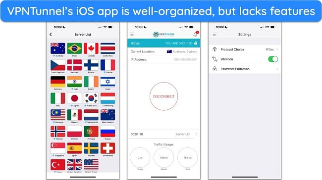Screenshot of VPNTunnel's iOS interface