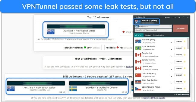 Screenshot of VPNTunnel's leak test results