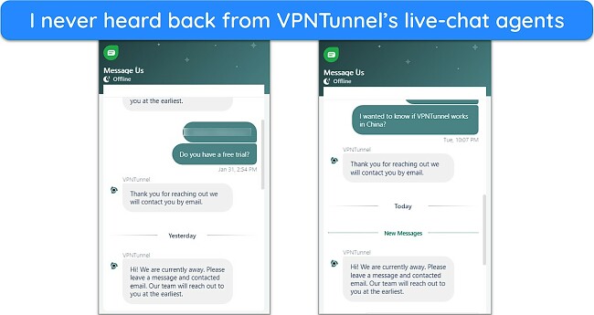 Screenshot of VPNTunnel's live-chat feature