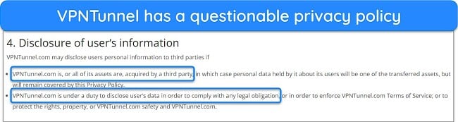 Screenshot of VPNTunnel's privacy policy