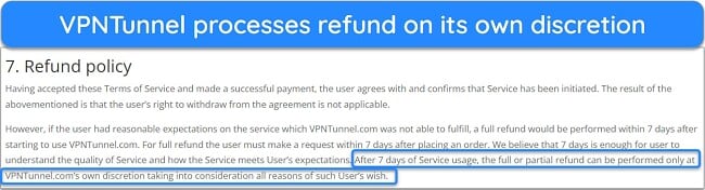 Screenshot of VPNTunnel's refund policy