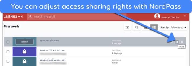 Screenshot of how to share passwords in LastPass