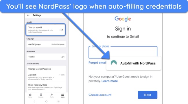 Screenshot of how to enable NordPass' auto-fill feature on Android