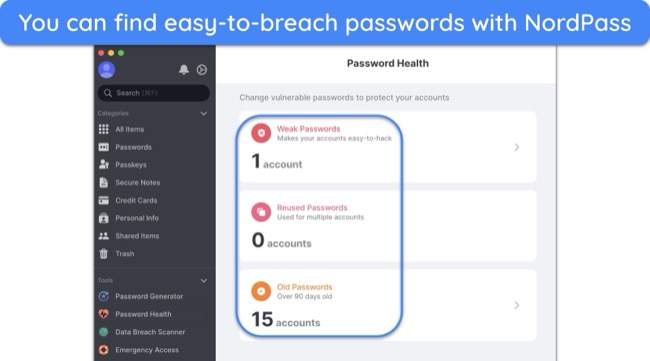 Screenshot of NordPass' password auditor checking for weak, reused, and old passwords