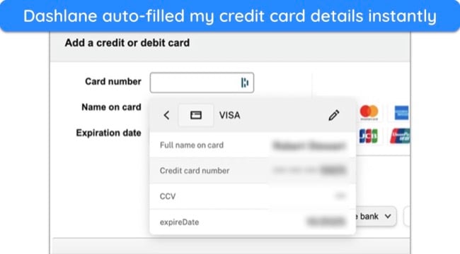 Screenshot of Dashlane autofilling credit card details online