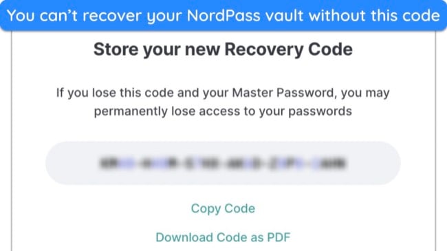 Screenshot of NordPass' recovery code when setting up a new vault