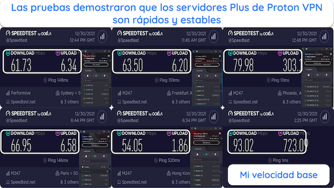 Captura de pantalla de los resultados de la prueba de velocidad del plan Proton VPN plus