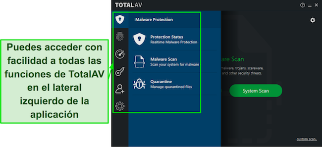 Captura de pantalla de TotalAV Review con una interfaz intuitiva de aplicación de escritorio que ofrece navegación fácil de usar y funciones accesibles.