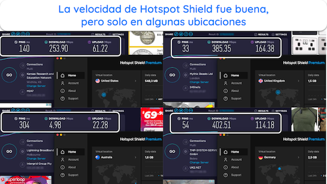 Captura de pantalla de 4 pruebas de velocidad mientras Hotspot Shield está conectado a servidores en EE. UU., Reino Unido, Alemania y Australia